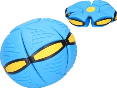 A blue flat ball toy is shown in two states: one in its spherical form and another in its flattened, disc-like form. The toy has yellow and black accents.