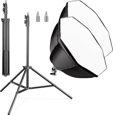 Produktbild von Walimex pro Octagon Softbox 2er Set 55 cm mit 35 W LED inkl. 2 x FT-8051 Lampenstativ bis 260 cm Höhe, Studioleuchte 5000 K Tageslicht plus Lichtstativ mit Federdämpfung