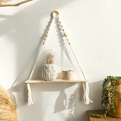 Produktbild von Wandregal Holz Regal Wand Boho Deko Hängeregal Makramee Wanddeko Balkon Badezimmer Wohnzimmer Handgewebte Schweberegal