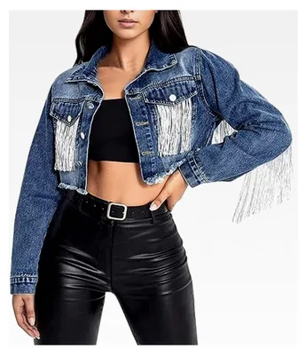 Produktbild von Damen Jacke mit Fransen, cropped, aus Denim, Strickjacke für Freizeit, Übergangsjacke, kurze Fransenjacke, einfarbig, Jeansmantel, Langarm, Truckerjacke mit Taschen, retro Saum, Outdoorjacke