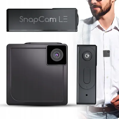 A collage of a small black camera, a rectangular device with text, and a person wearing a small camera on their shirt.