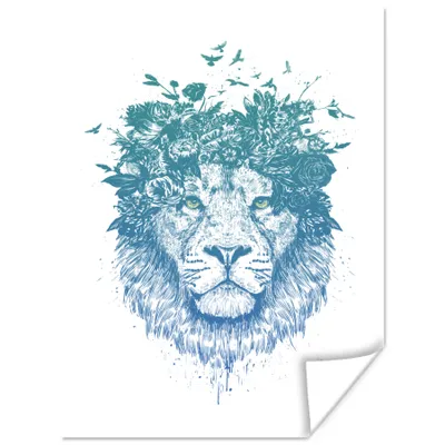 Produktbild von MuchoWow® Poster Löwe - Blumen - Vögel - Blau 90x120 cm - Wohnzimmer