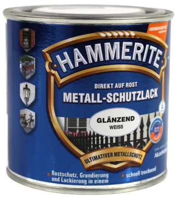 Produktbild von Hammerite Metall-Schutzlack Glänzend, Fertig gemischt, Zaun, Möbel, Treppe, Fenster, Metall, Glänzende Oberfläche, Weiß, 10 m²/L, Weiss