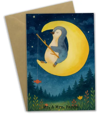 Produktbild von Mr. & Mrs. Panda Klappkarte Pinguin Mond Design - Weiß - Geschenk, osterkarten, einladungskarten, Spruch, Süßigkeiten, Glückwunschkarte, schlafen, Erschöpft, Angel