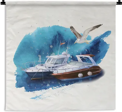 Produktbild von MuchoWow® Wandteppich Wandbehang Boot - Vogel - Aquarell 150x150 cm Tapisserie Dekoration Wandtuch - Wohnaccessoires - Modernes