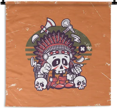 Produktbild von MuchoWow® Wandteppich Wandbehang Schädel - Indianerkopf - Retro 150x150 cm Tapisserie Dekoration Wandtuch - Wohnaccessoires - Modernes