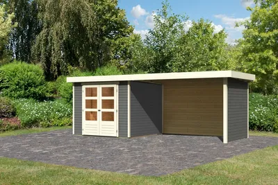 Produktbild von Karibu Gartenhaus Gerätehaus Askola 3,5 im Set mit Anbaudach 2,80 m Breite und 19 mm Seiten- Rückwand terragrau 500x246x211 cm