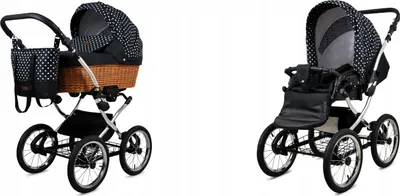 Two views of a baby stroller, one showing the bassinet attachment and the other showing the seat attachment.