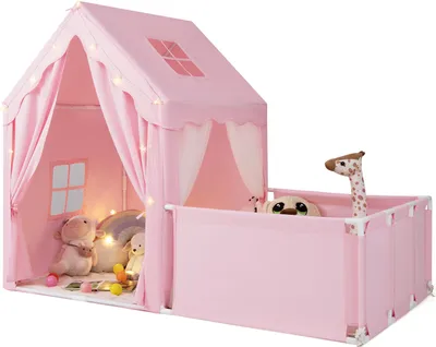 Immagine prodotto di COSTWAY Tenda per bambini 2in1 con box, casetta per bambini con tappeto e luci fiabesche, tenda per bambini, area giochi, 177 x 97 x 136 cm Rosa