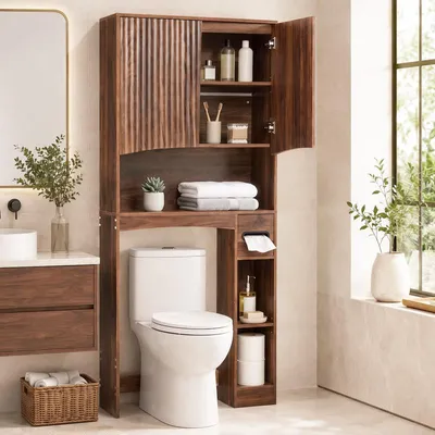 Produktbild von Toilettenschrank über dem WC, ALIGHTUP, 2 Lamellentüren, 2 Einlegeböden, seitliche Ablage, 80 x 22 x 170 cm, Nussbaum