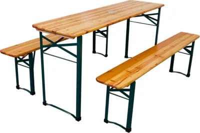 Produktbild von Bierzeltgarnitur 3-teilig klappbar | 1x Tisch mit Schirmhalterung, 2x Bierbank | HxBxT 76x170x46 cm | lackiertes Holz | inkl. 12x Bodenschoner aus Kunststoff | Biertischgarnitur Festzeltgarnitur Gartenmöbel-Set