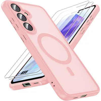 Image de Coque + 2 Verres Trempés pour Samsung Galaxy A55 5G, avec Cercle Magnétique Protection Caméra - Rose