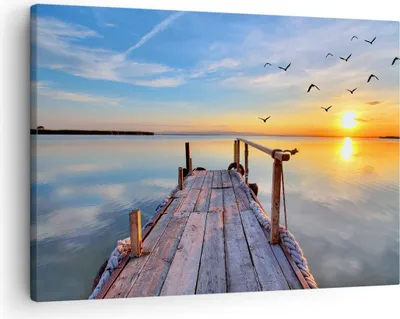 Produktbild von Bild auf Leinwand - Leinwandbild - See Natur Brücke Vögel - 70x50cm - Wand Bild - Wanddeko - Leinwanddruck - Bilder - Kunstdruck - Wanddekoration - Leinwand bilder - Wandkunst - AA70x50-2402