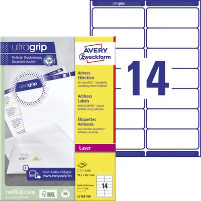 Produktbild von Avery Zweckform L7163-250 Adress-Etiketten, A4 mit ultragrip, 99,1 x 38,1 mm, 250 Bogen/3.500 Etiketten, weiß