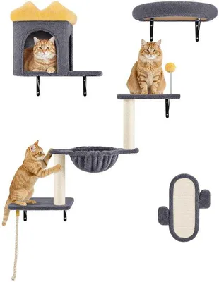 Productafbeelding van Unyqoos® Modulaire kattenklimwand met kattenhuis, sisal krabpalen en ligplaatsen – donkergrijs, geschikt voor kleine tot middelgrote katten, met een stevig metalen frame