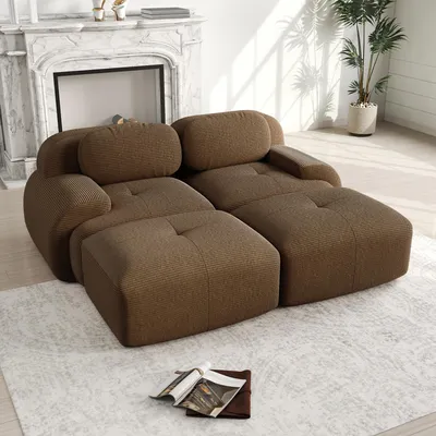 Produktbild von MODFU 2-Sitzer Ecksofa Cord,Modulares Sofa mit Geschwungene Armlehnen und Rutschfeste Unterseite,Rahmenloses Loungesofa mit 2 Ottoman,Braun