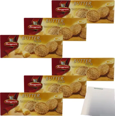 Produktbild von Borggreve Buttertaler Meisterliches Buttergebäck mit Kristallzucker bestreut 6er Pack (6x200g Packung) + usy Block