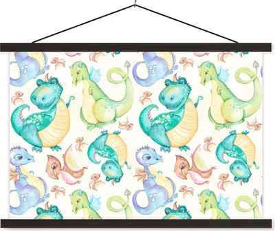 Produktbild von MuchoWow® Textilposter Dinosaurier - Aquarell - Kinder - Jungen - Mädchen - Kinder 90x60 cm mit schwarzem Rahmen - Aufhängungssatz