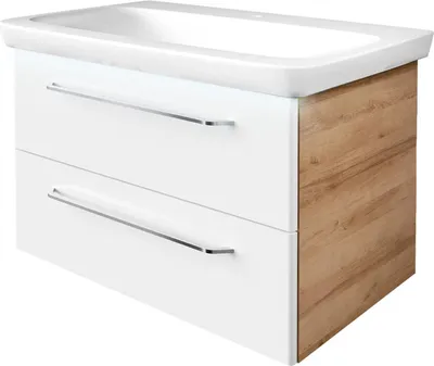 Produktbild von FACKELMANN MILANO Badmöbel Set 3 Teile / Keramik Waschbecken / Waschbeckenunterschrank mit 2 Schubladen / LED-Beleuchtung / Badschrank mit Soft-Close / Korpus: Braun hell / Front: Weiß / Breite: 88 cm