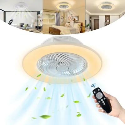 Collage of images showcasing a modern ceiling fan with light, including lifestyle shots of it in a bedroom and living room, along with a close-up of the fan and remote control.