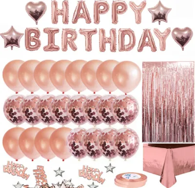 Produktbild von Rose Gold Geburtstagsfeier Dekorationen Set Maedchen Frauen Baby Geburtstagsfeier liefert alles Gute zum Geburtstag Luftballons Baender Vorhaenge Tischdecke fuer Baby Geburtstagsfeier Dekorationen