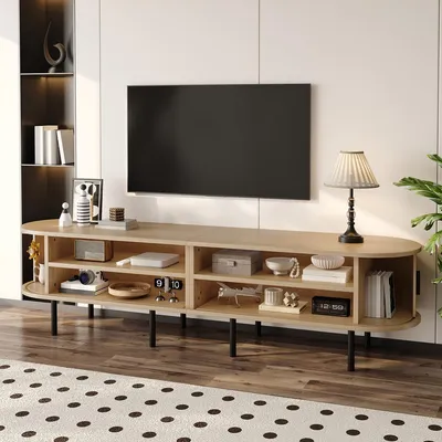 Produktbild von TV-Schrank mit Schiebetüren und 2 offene Fächer TV-Tisch TV-Ständer TV Board für Wohnzimmer 170 L x 40 B x 46H(cm) Natur