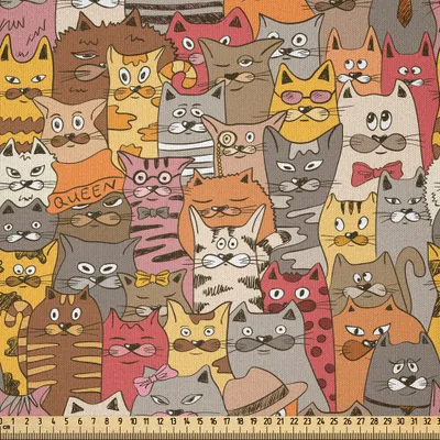 Produktbild von ABAKUHAUS Katze Microfaser Stoff als Meterware , Psychedelisches buntes Muster mit lustigen Kätzchen-abstrakten Weinlese-Maskottchen-sonderbarem Comic, 10 M (230 x 1000 cm), Mehrfarbig