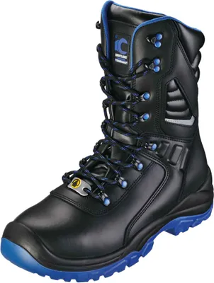 A black work boot with blue accents and laces, shown against a white background.