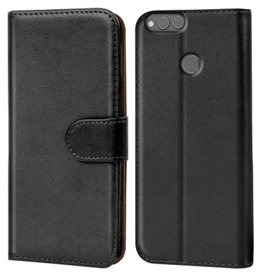 A black flip case for a smartphone is shown from the front and back.