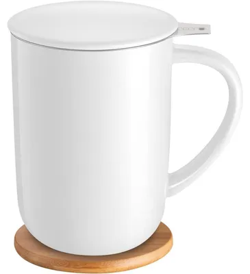 Productafbeelding van Thee beker met filter en deksel, 473 ml, keramiek, bamboe, wit