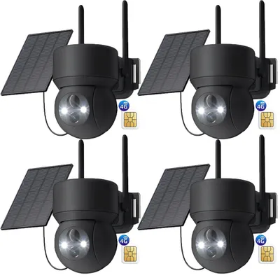 Image de 4 pièces 4G LTE caméra de surveillance extérieure solaire avec carte SIM sans WLAN 2K PTZ sans fil caméra IP extérieure sans WLAN détection PIR couleur/IR vision nocturne