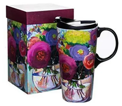 Zdjęcie produktu dla Filiżanka do kawy o pojemności 500 ml z pokrywką, ceramiczna, z motywem kwiatowym, nadająca się do używania w mikrofalówce i zmywarce