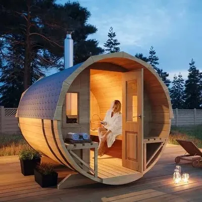 Produktbild von FinnTherm Fass-Sauna Sam, Aussensauna Fichte unbehandelt, Natur, ohne Ofen 2,80 x 2,19 m
