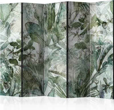 A multi-panel room divider with a tropical leaf pattern.