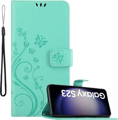 Produktbild von Cadorabo Hülle für Samsung Galaxy S23 in FLORAL TÜRKIS Schutzhülle im Blumen Design mit Magnetverschluss, Standfunktion und Kartenfächern Flip Case Flower Cover Etui Handy Klapp Hülle Book Tasche