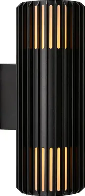 A black wall lamp with vertical slats and illuminated interior.
