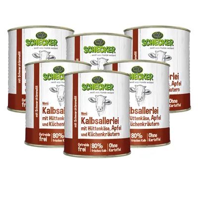 Produktbild von 6x820g Schecker Hundemenü - 80% Kalb mit Hüttenkäse, Apfel und Schwarzkümmelöl - Nassfutter