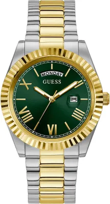 A close-up studio shot of a men's wristwatch with a green dial and a two-tone gold and silver band.