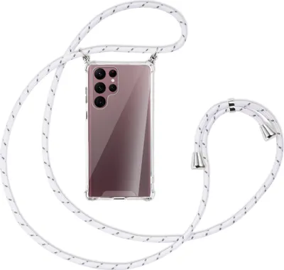 Produktbild von Handykette Backcover-Schutzhülle mit Band (Metall silberfarben) für Samsung Galaxy S22 Ultra 5G (S908) - weiß/grau