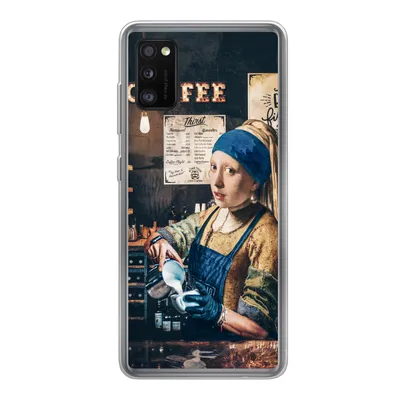Produktbild von MuchoWow® Handyhülle Schutzhülle Hülle für Samsung Galaxy A41 Mädchen mit Perlenohrring - Cappuccino - Barista - Vermeer - Kaffee - Gemälde Silikon Softcase Handy Hülle - Mobiltelefon