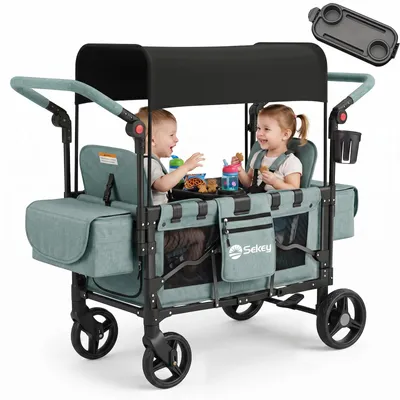 Produktbild von Sekey Bollerwagen Faltbar mit Dach Zwillingsmodus Kinderwagen Doppelsitz mit 2x 5-Punkt-Gurtsystem, Blau