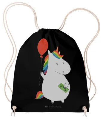 Produktbild von Mr. & Mrs. Panda Jutebeutel Einhorn Luftballon - Schwarz - Geschenk, Kleiner Rucksack, wander, Einhörner, Turnbeutel, Lebenslust, Unicorn, Beutel, Stoffbeutel, Geld