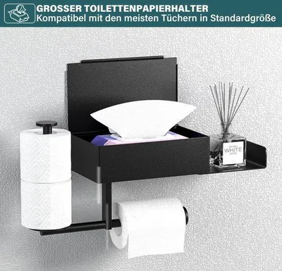 Produktbild von Toiletpapierhalter ohne Bohren, mit Abstellfläche, Toiletpapierhalter mit Box für feuchte Tüchlein, ohne Bohren, Edelstahl, antifingerprint, Badezimmertoilettenrolhalter