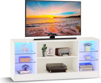 Image de CLIPOP Armoire TV avec éclairage LED, 8 compartiments, jusqu'à 55 pouces, blanc