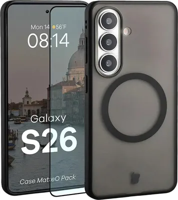 Produktbild von Schutzhülle mit Magnetring + gehärtetem Glas Bizon MatteO Pack für Galaxy S26, Getönt-Schwarz