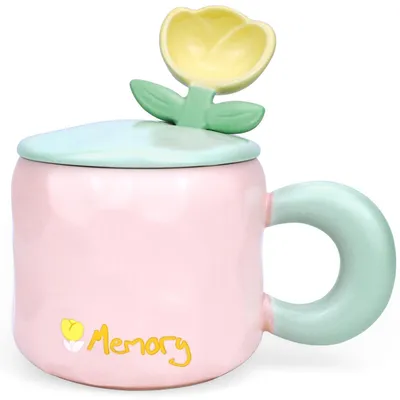 Productafbeelding van Koffiekop met schotel, 450 ml, roze tulpenmotief, keramiek set