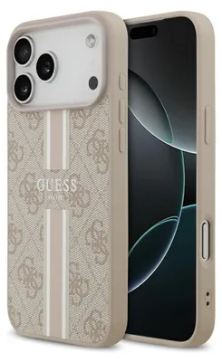 Image de Étui pour téléphone portable iPhone 17 Pro Max Guess MagSafe similicuir rose à rayures logo
