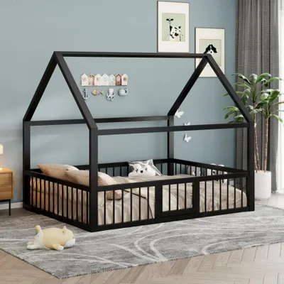 Obrázek produktu pro Kovová postel s plochým designem, vhodná pro děti, s dekorativními lištami - bez matrace, rozměry 140 x 200 cm, černá barva