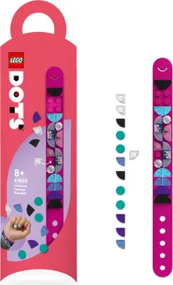 The image shows the packaging of a LEGO DOTS Einhorn Armband set, along with the assembled bracelet and loose tiles.