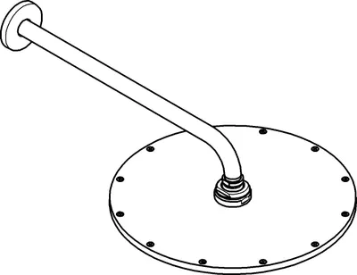 A line drawing of a shower head with an arm.